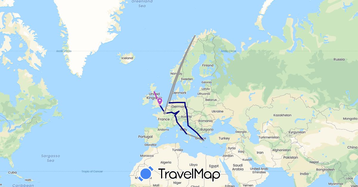 TravelMap itinerary: driving, plane, train in Albania, Switzerland, Czech Republic, Germany, France, United Kingdom, Greece, Italy, Netherlands, Norway (Europe)